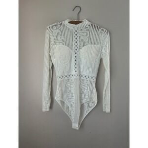 Y2K Charlotte Russe White Lace Bodysuit Long Sleeve High Neck Party Top 2000s